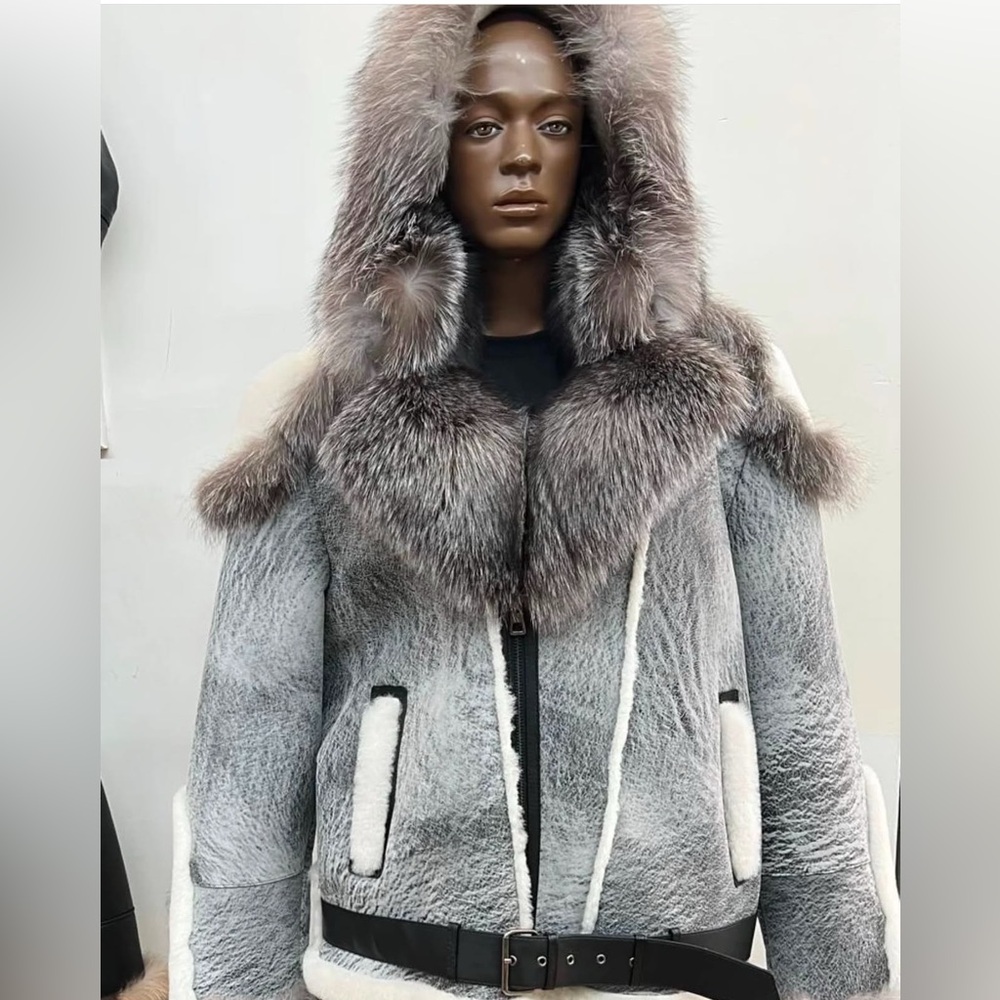 Barya NY Men's Silver Fox Trimmed Biker Shearling Jacket Style # 3004